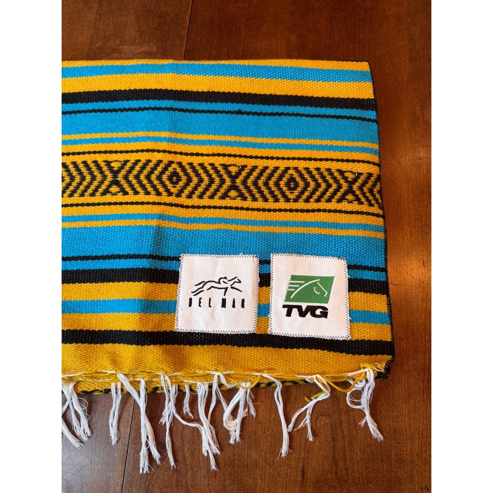 Del Mar TVG‎ Serape Blanket Turquoise Yellow Horse Racing Woven Fringe Baja